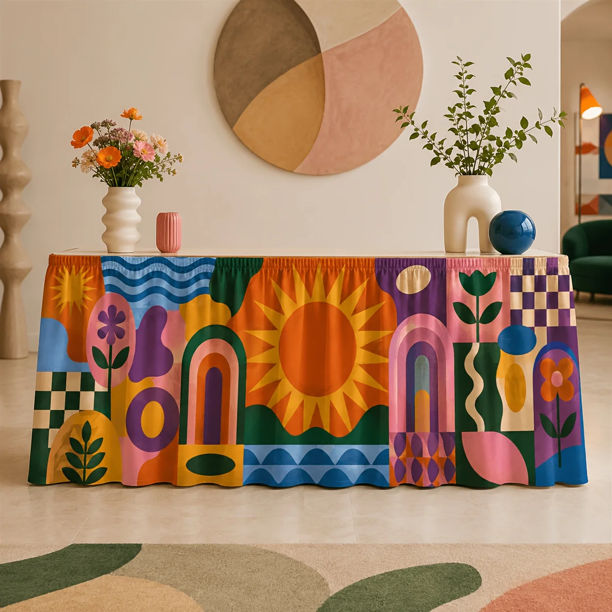 1 piece of tablecloth or table skirt. Polyester Bohemian-style abstract geometric print table skirt. Sun rainbow flowers.xzj