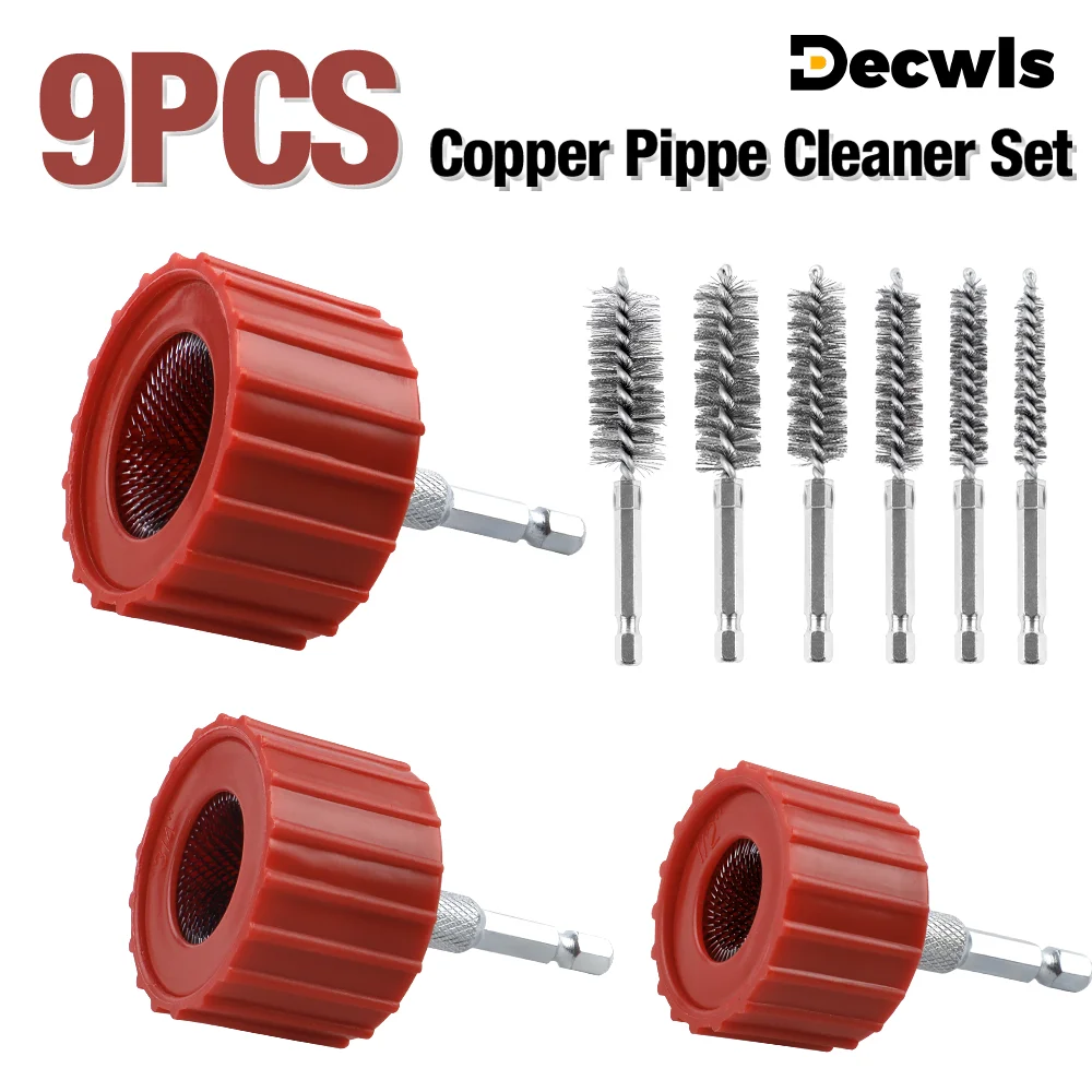 3/9Pcs Copper Pipe Cleaner Set(1/2, 3/4 & 1Inch)  Copper Tube Cleaning Brush and Stainless Steel Hex Bar Twisted Wire Hole Brush