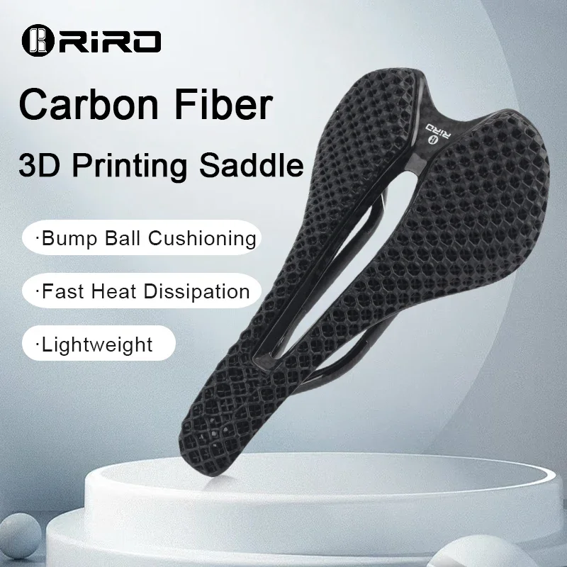 RIRO Carbon Fiber Road Bike Saddle 3D Printed Hollow Breathable Seat MTB Racing Comfortable Cycling Perch