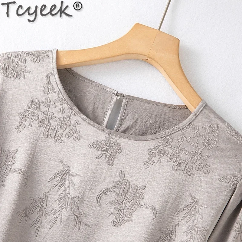 Tcyeek 93% Mulberry Silk T-shirts for Women Summer Clothes Elegant Women\'s T-shirt Womens Tops 2024 Casual Top Топ Женский