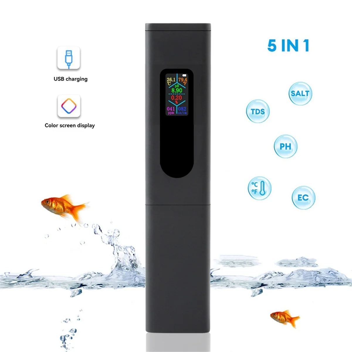 BISM Rechargeable 5 in 1 Salinity Meter PH Water Quality Tester Digital EC TDS TEMP Monitor for Aquarium, Hydroponics, Pool