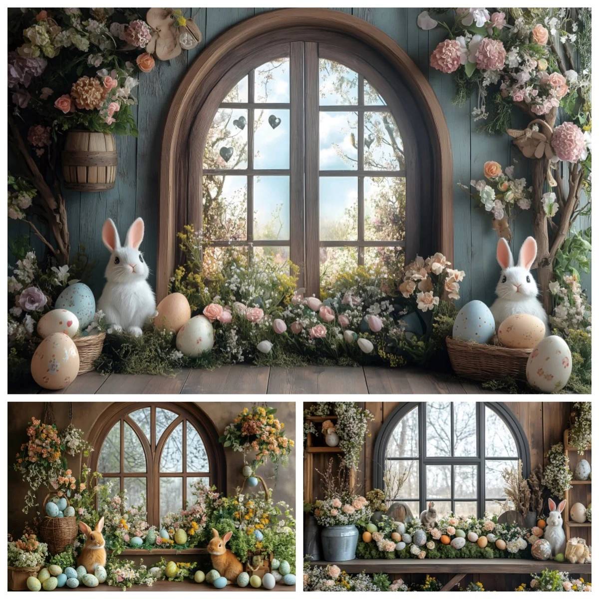 

Happy Easter Photography Background Wooden Window Flower Shelf Bunny Kids Portrait Decor Baby Shower Backdrop Photobooth Props