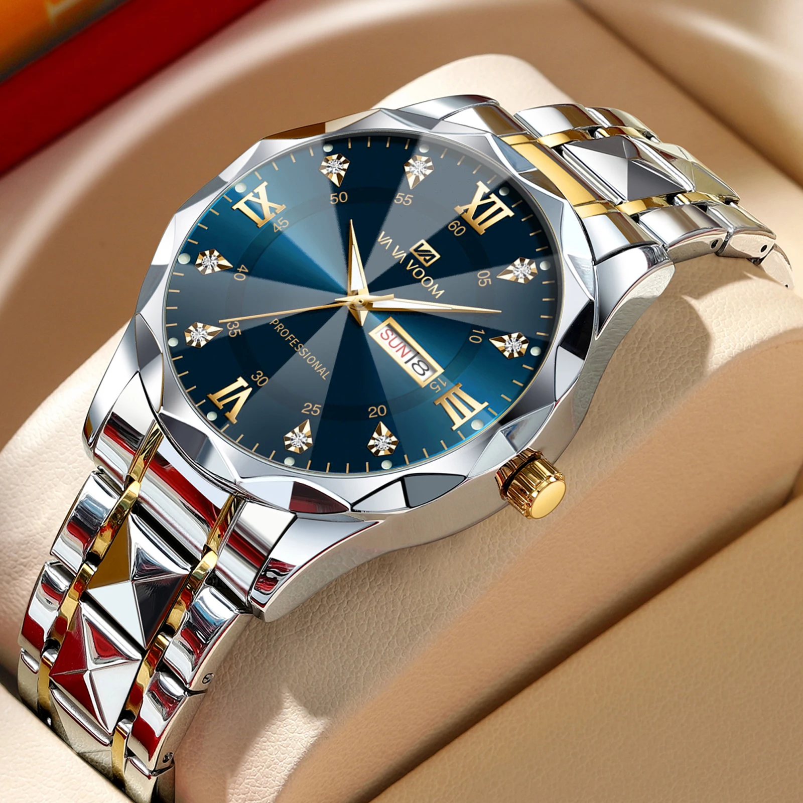 

Stainless Steel Watch Men Dual Tone Strap 41mm Blue Rhinestone Dial Quartz Business Clock Suitable Dinners Dates Formal Watches
