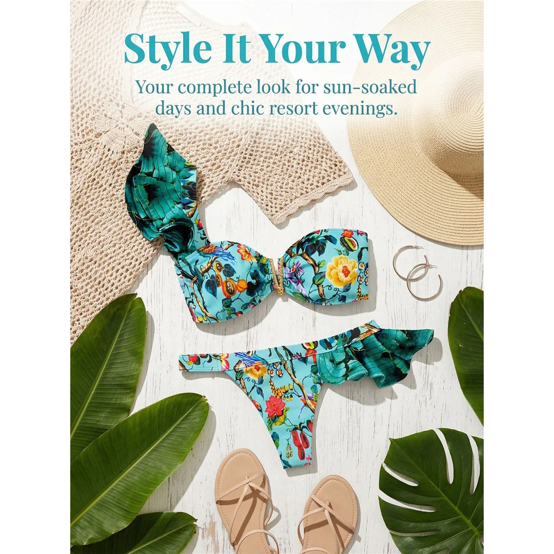 Blumenmuster, einseitiger Bikini, Damen-Badebekleidung, zweiteiliger Bikini-Set, Badeanzug mit Rüschen, Badebekleidung, Badeanzug, Modell V8049. – Detail 2