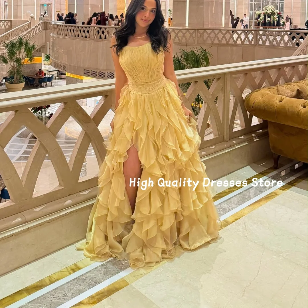 Evening Dresses Yellow Chiffon A‑Line Gown Sleeveless Square Neck Ruffled Skirt With High Slit Wedding Guest Gala Customized