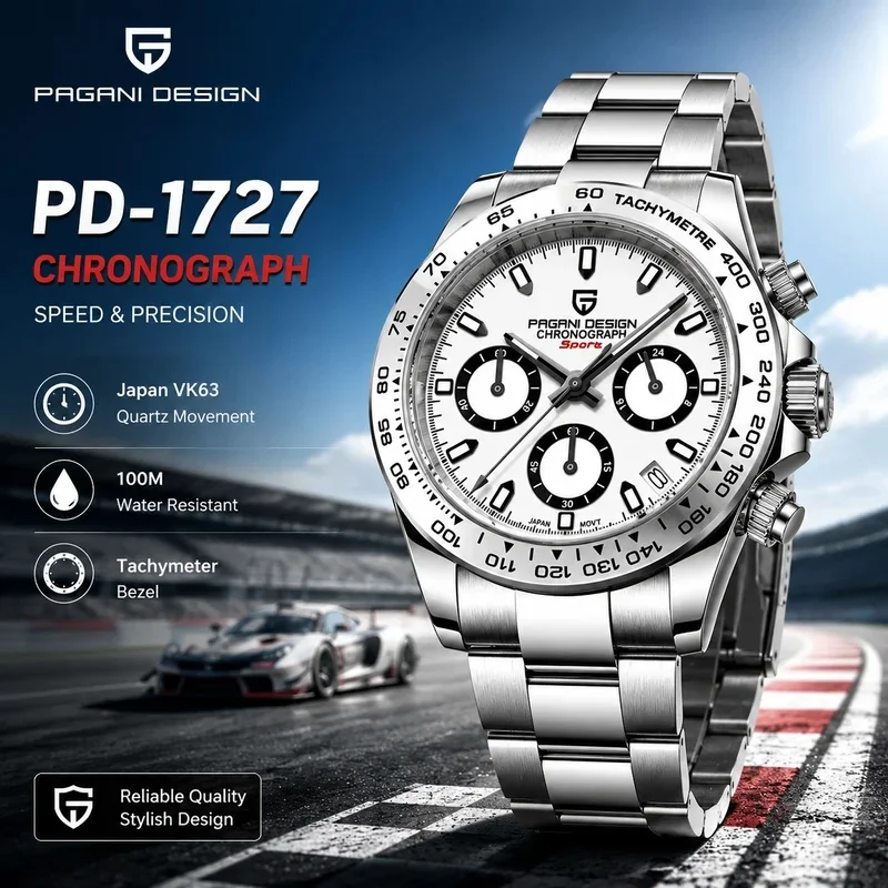 PAGANI DESIGN PD‑1727 Men Quartz Chronograph Watch, Sapphire Glass, 10ATM 100M Waterproof, Stainless Steel Sports Wristwatch