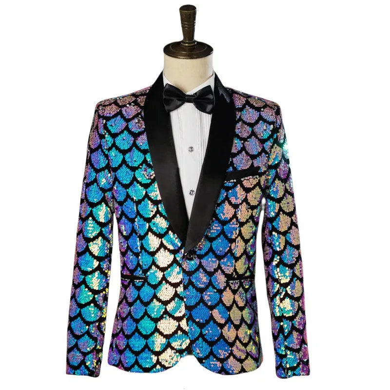 

Men's Scale Sequins Blazer Coat Slim Fit One Button Shiny Suit Jacket for Evening Party Singer Host Stage Performance Tuxedo