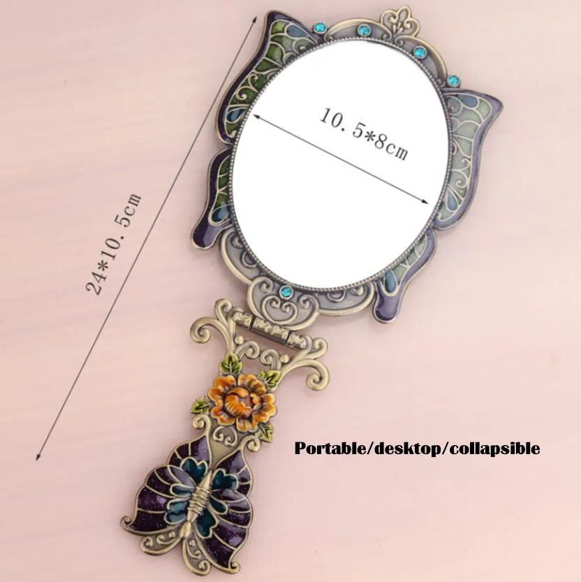 High quality desktop cosmetic princess lens portable handle can fold and hold a vintage peacock imitation copper mirror