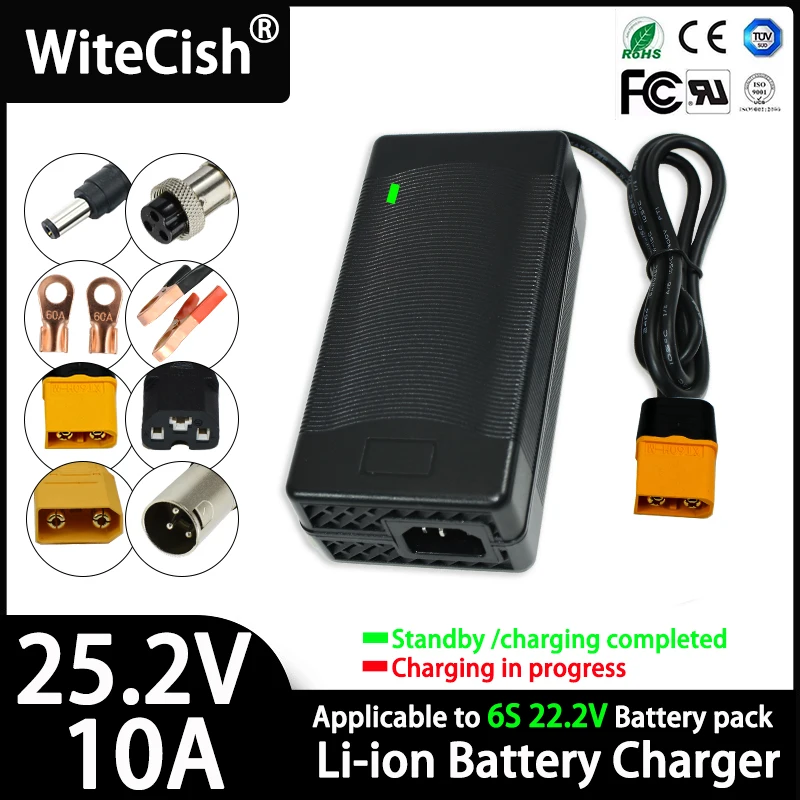 25.2V 5A 10A Li-ion Fast Charger For 6S 21.6V 22.2V Lithium Electric Tool Battery Charger DC XT60 XT90 Connector Input 100-240V
