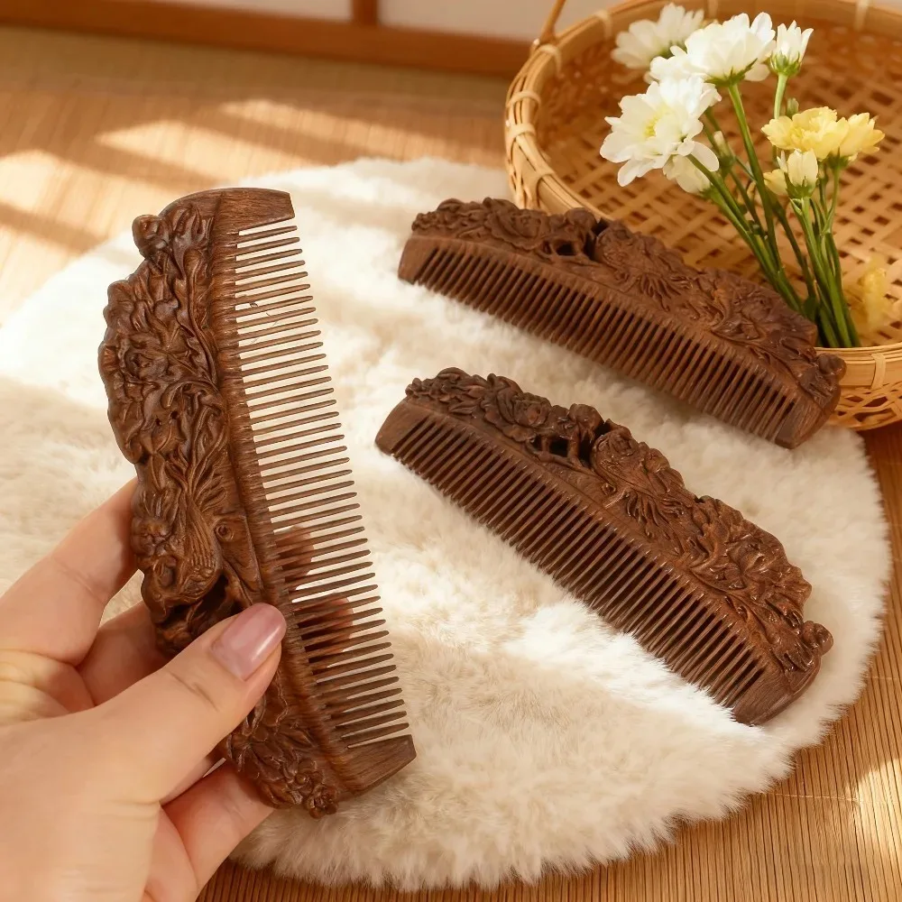 Chinese Style Hand Carved Sandalwood Hair Comb Peacock Peony Pattern Anti-static Detangling Wooden Comb Gift Styling Accessories