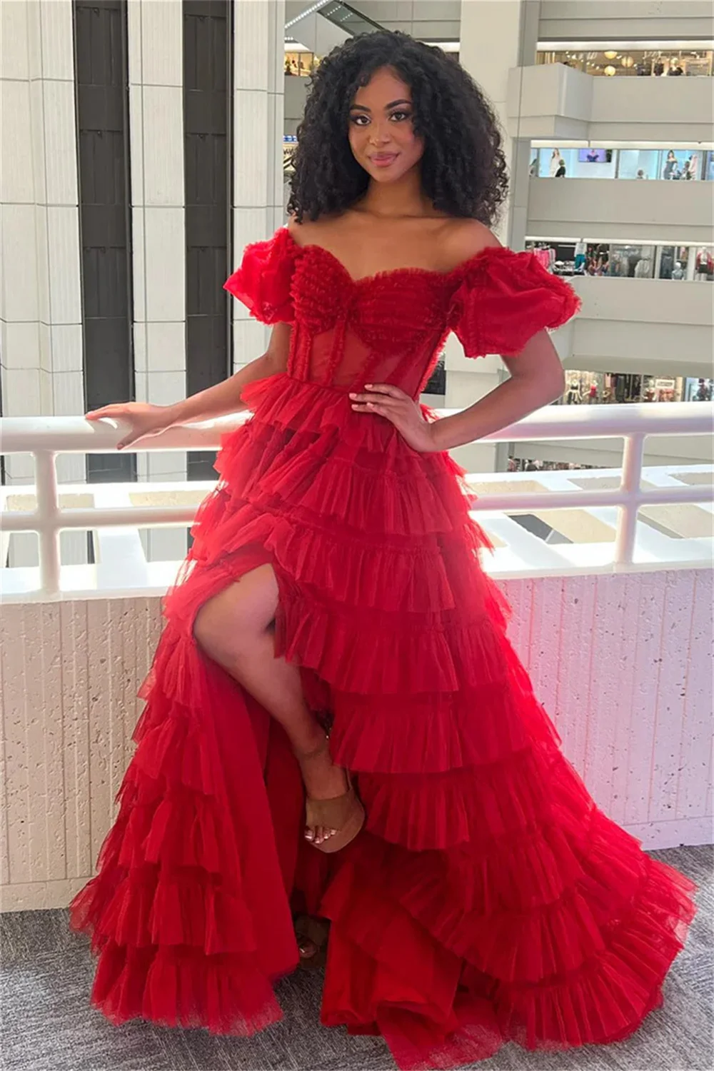 Amanda Mesh Off the Shoulder Tiered Ruffle Multilayer robes de soirée Side High Split Evening Dresses Graduation Wedding Dres