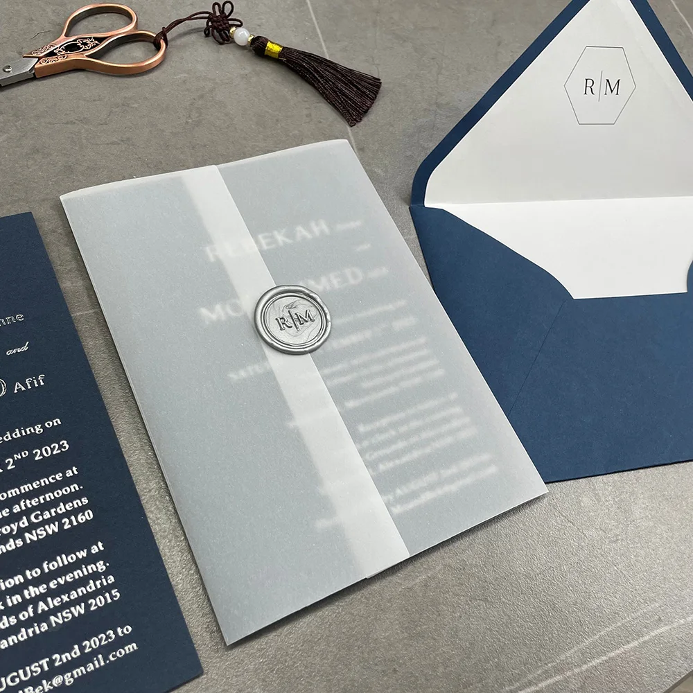 Elegant Silver foil Blue Wedding Invitation with Vellum Wrap, Blue Envelope and Customizable Initials Lining and Wax Seals