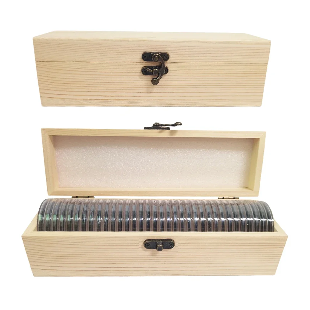 Caja De Madera Para 350 Monedas En Cápsulas – Incluye 10 Bandejas Y 350 Cápsulas De 32.5 Mm, Forro De Terciopelo Rojo, Medidas 37.5 X 25 X 14 Cm