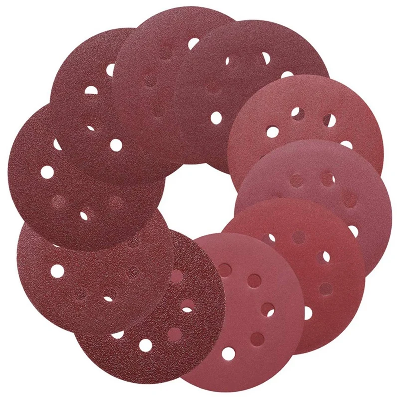 

100PCS Disc Sandpaper 125MM Brushed Sheet 5 Inch 8 Hole Back Flock Dry Sanding Paper Sheet Self-Adhesive Flocking Disc