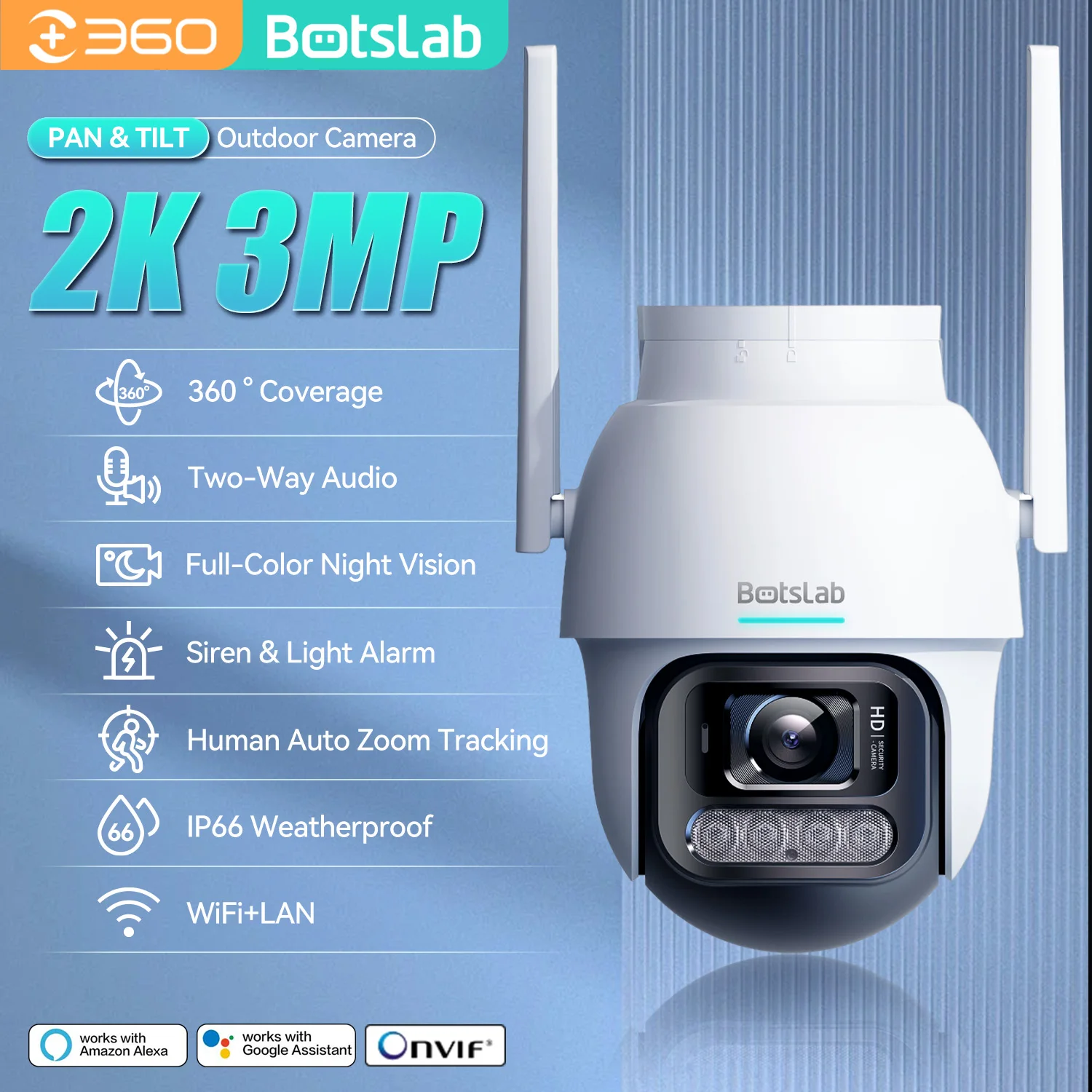 

Qihoo360 Botslab 2K 3MP HD Outdoor Camera Wireless PTZ Smart Home Cam Night Vision Siren and Light Alarm IP66 Weatherproof Cam