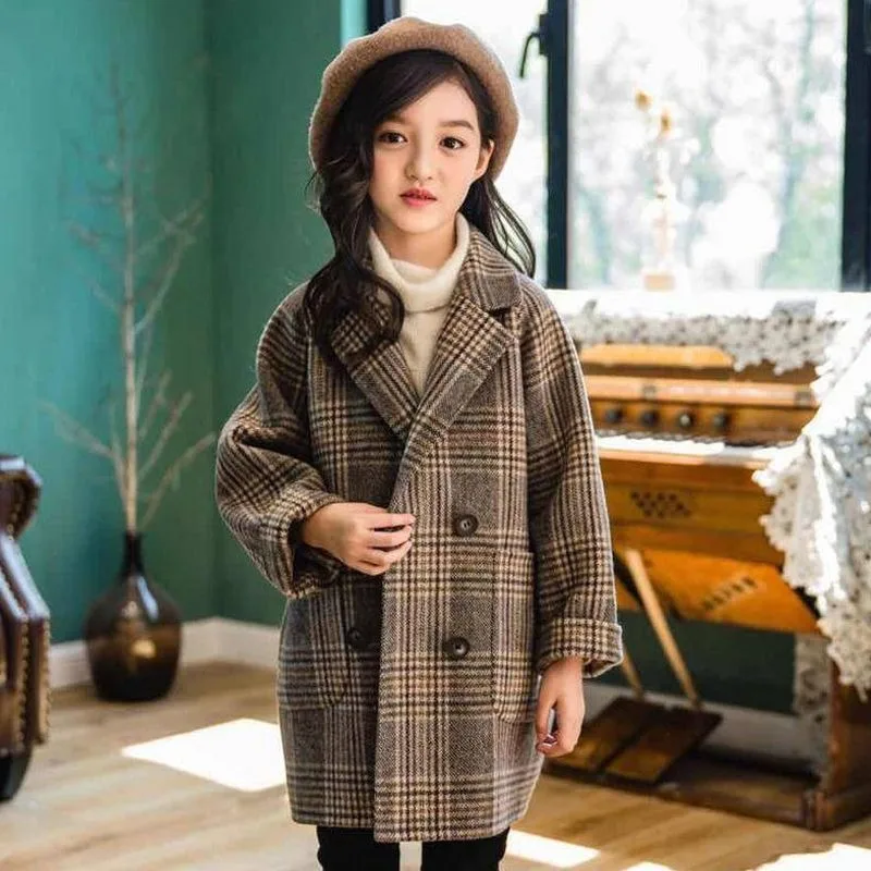 

Зима-Осень 2022, новое детское шерстяное пальто в клетку, утепленный двухслойный стильный теплый детский плащ