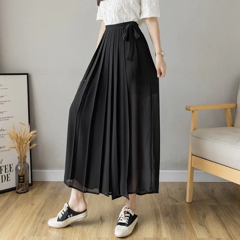 Zomer Nieuwe Stijl Koreaanse Vrouwen Grote Zoom Rok Broek Geplooid Chiffon Broek Hoge Taille Broek Hakama Casual Wijde Pijpen Pantalones