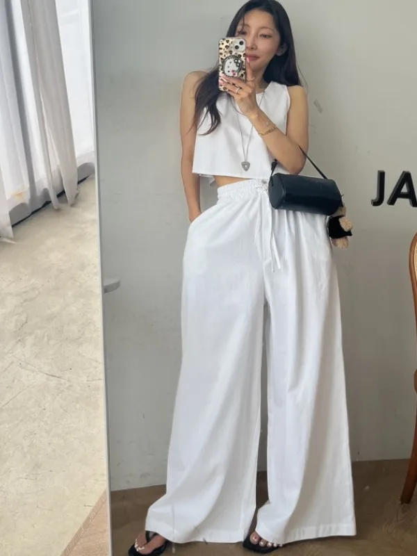 

2025 Summer New High Waist Wide Leg Jeans Slimming Vest Top Women's Faion Commute Sle Medium Softn Other Fabric