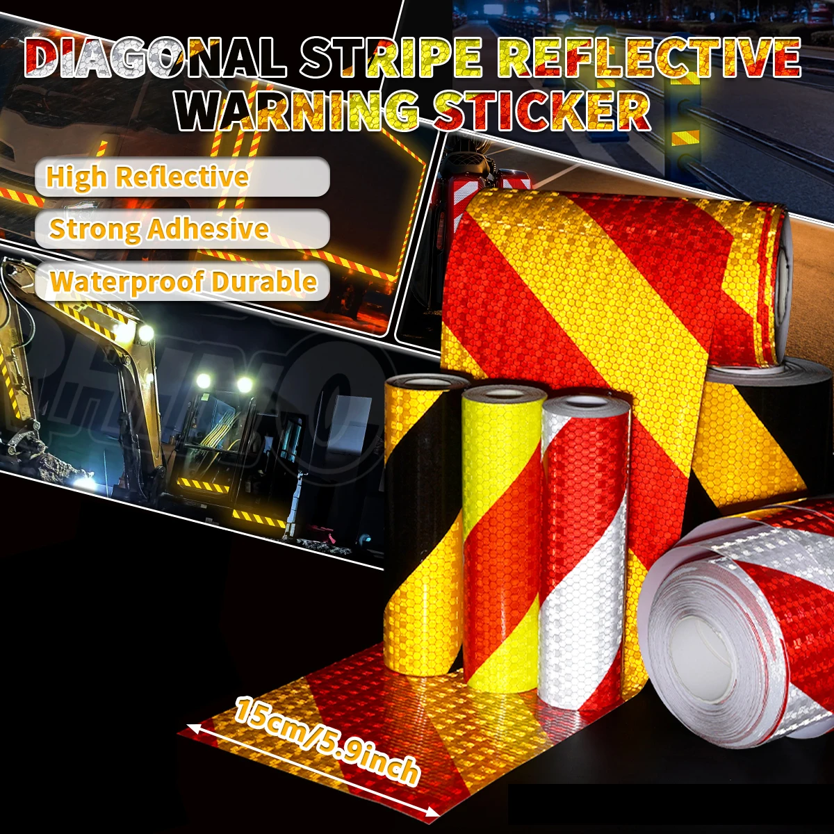 15cm Wide Diagonal PVC Reflective Tape Self-Adhesive Waterproof Safety Warning Tape Truck Motorcycle Bicycle Car Identification