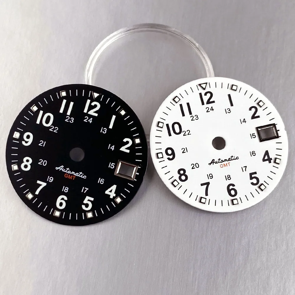 Luminous NH34A 29mm Watch Dial Hands Set Replacements fit for NH34 GMT Automatic Movement White Black Dial Faces 24 Hour