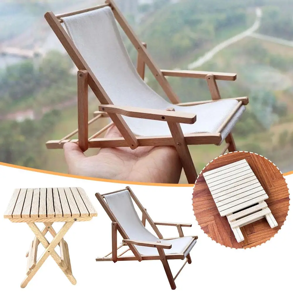 

1:6 Mini Foldable Beach Lounge Deck Chair Recliner Wooden Chaise Chair Doll Model Decor House Furniture Toy Chair Sunbathin K1M2