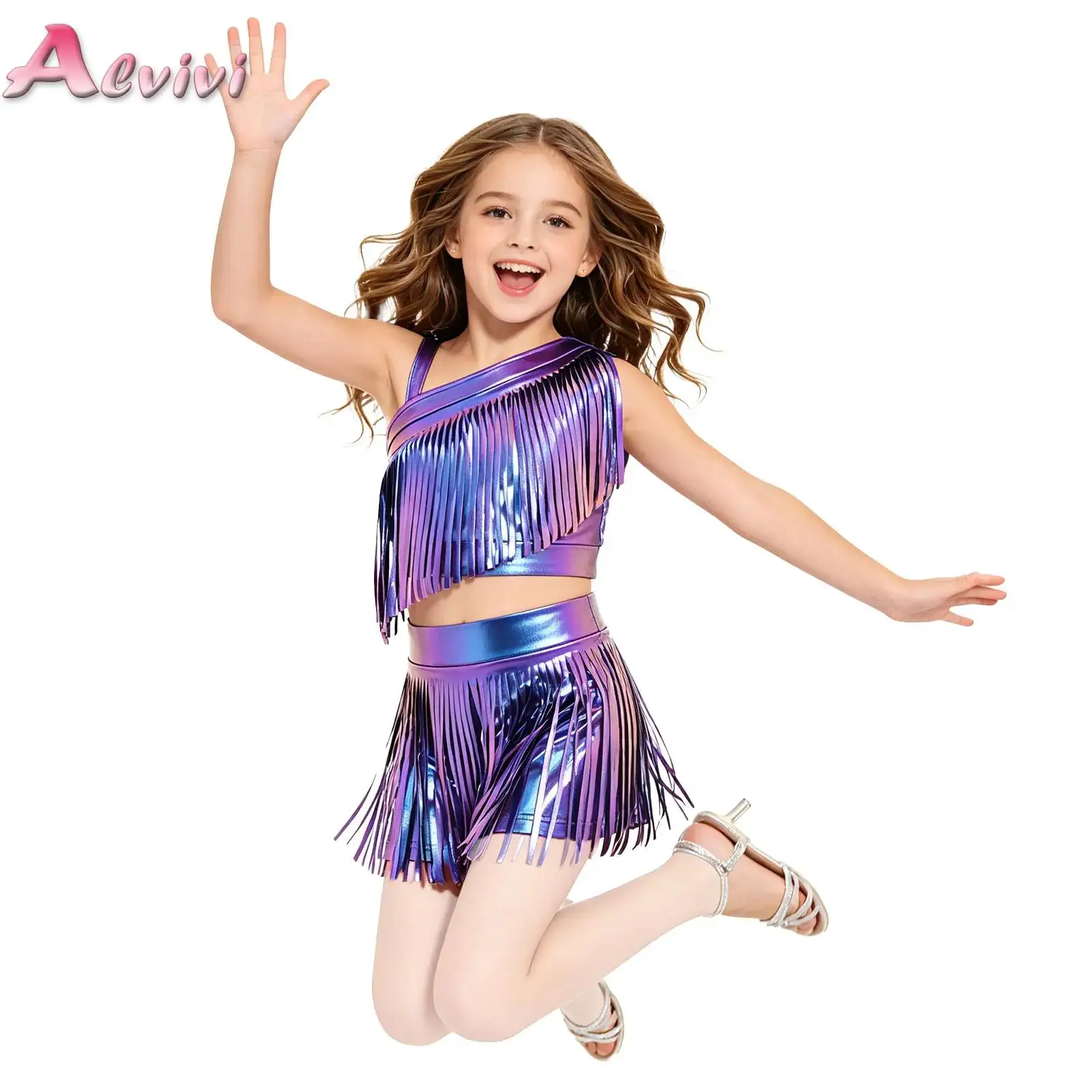 

Kids Girls Jazz Dance Costume Asymmetrical Shoulder Metallic Tassels Crop Top with Shorts Suit for Theme Party Stage Performance