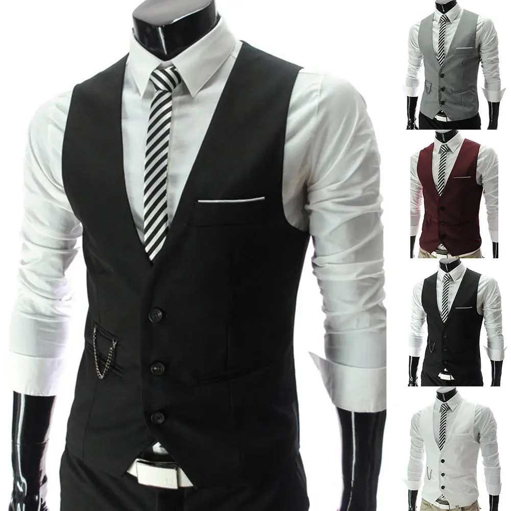 

Fashion Men Vests Waistcoat Solid Color V Neck Sleeveless Buttons Blazer Plus Size Formal Business Jacket Vests 2023