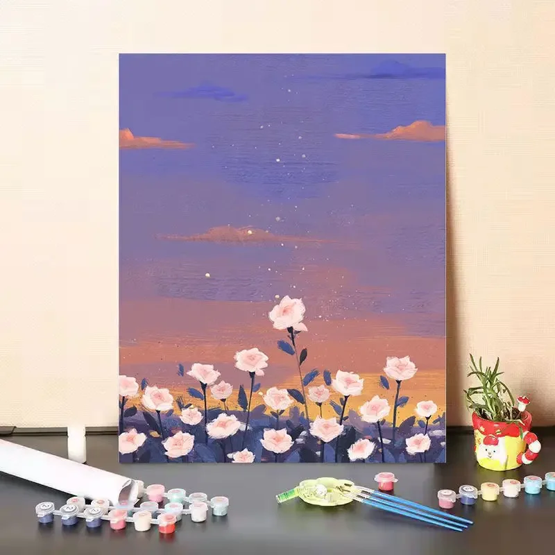 Creative DIY Painting By Number Beautiful Landscape Sunset and Flowers Art Decorative Oil Painting for Adult and Kids