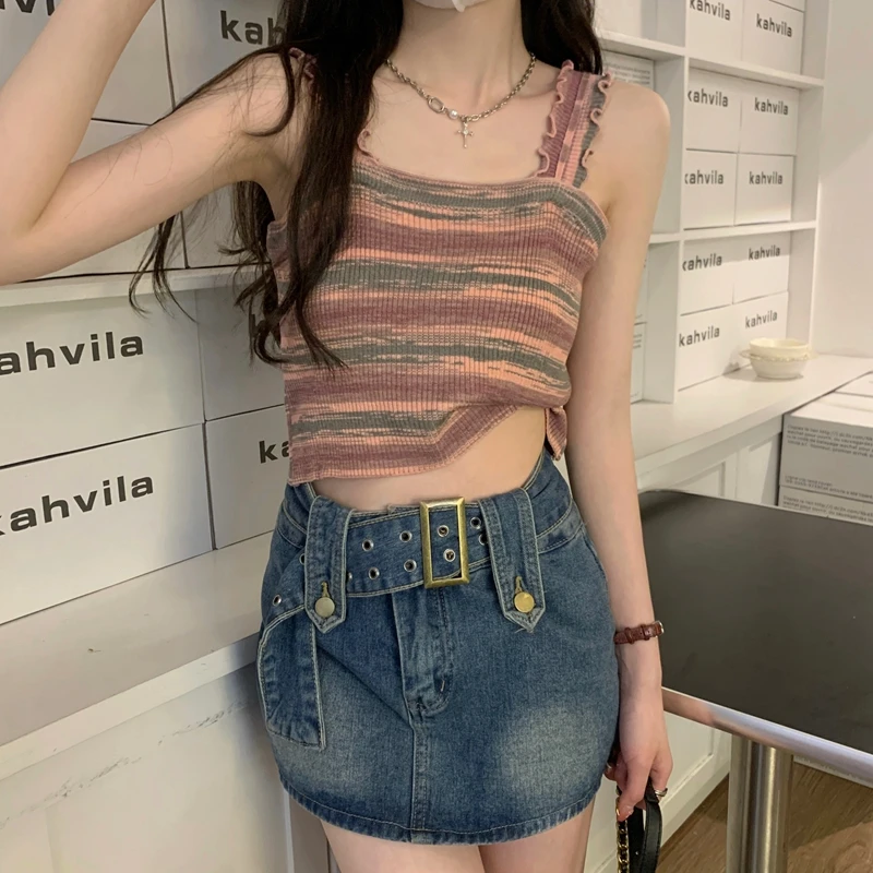 Striped Tank Top Female Casual Sweat Designed Chic Summer New Sleeveless Slim Korean Fashion Crop knitted Tops