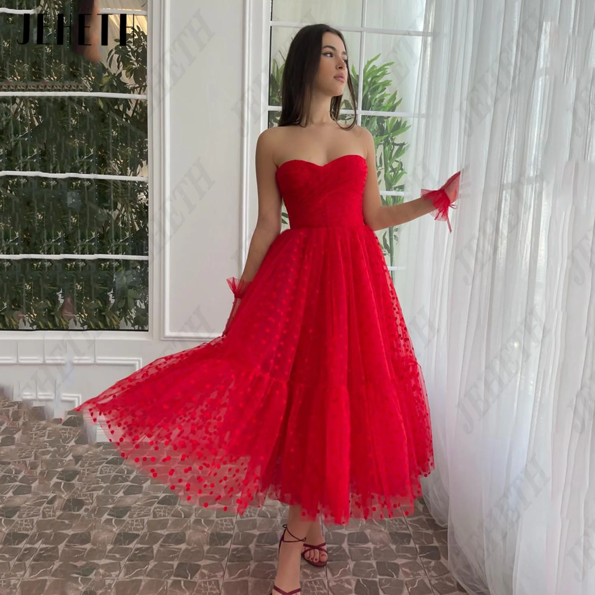 JEHETH Red Dot Strapless Prom Dress Sleeveless A-Line Tulle Vestidos De Festa Ankle Length Party Gowns For Woman Custom Made