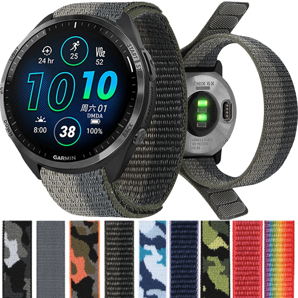 Tali Nilon Elastis 26MM 22MM untuk Garmin Forerunner 965/Approach S70 S62 S60/Instinct 2X Solar/Fenix E 8 7 6 Gelang Kait