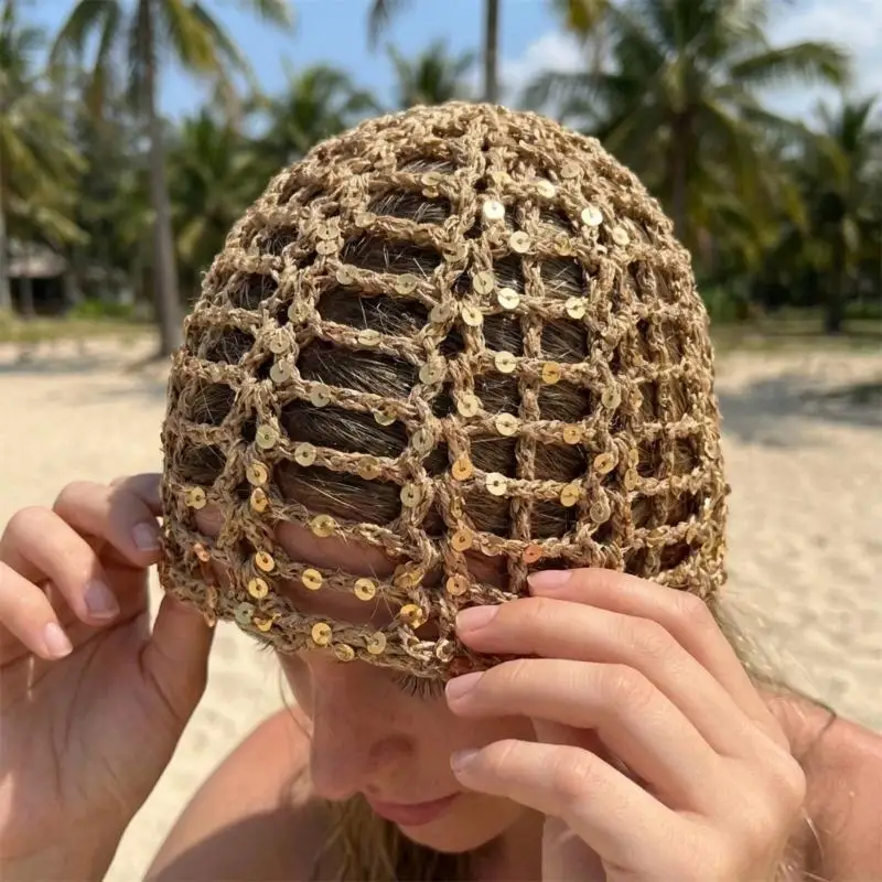 Comfortable Lace Crochet Headwear Handworks Glitter Embellishments Knitted Hat 