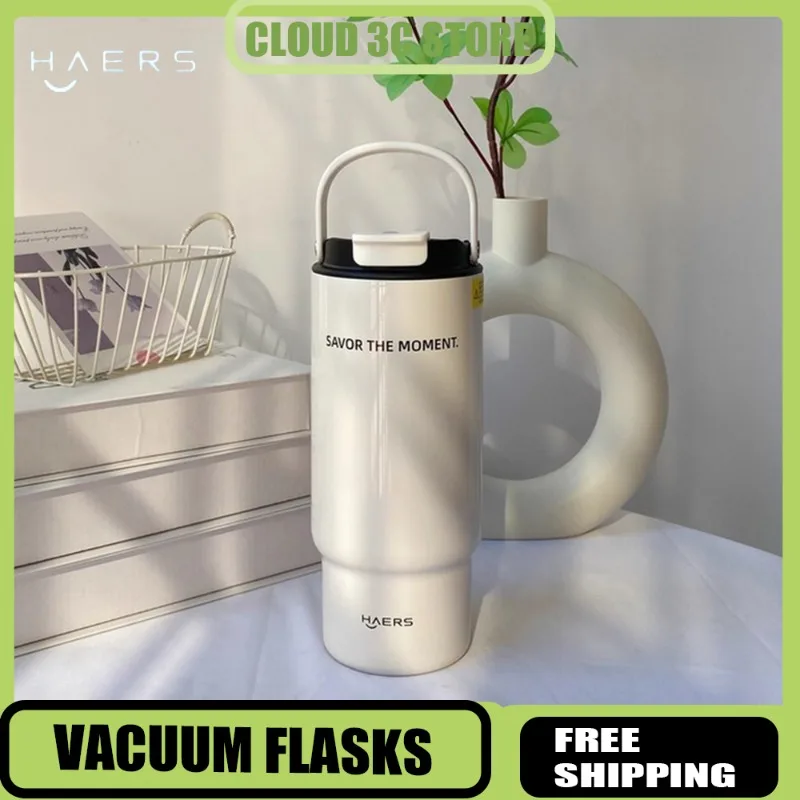 HAERS Большой вместительный термос, автомобильная чашка для воды с соломинкой, термосы с изоляцией из нержавеющей стали, герметичная чашка для питья
