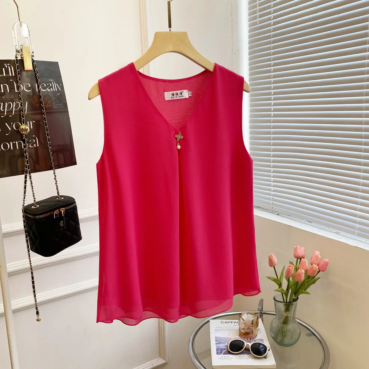 Women Chiffon Blouse Shirts Sleeveless Plus Size Loose V-neck Female Basic Tops