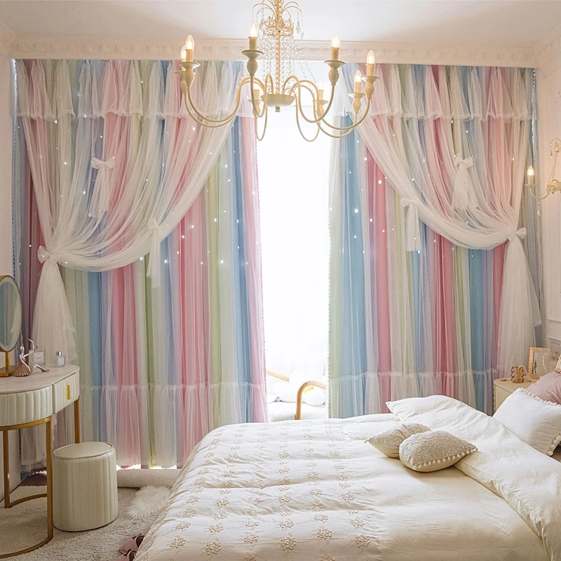 Double Layer Curtain Whimsical Rainbow & Star Curtain 2 Layered Sheers + Blackout Panel for A Magical Girl's Bedroom