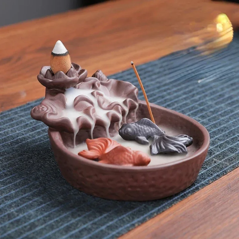 Queimador de incenso de refluxo de peixe para incenso de cone cerâmica cascalhos da sorte decorações para casa queimador de incensário para varas de incenso