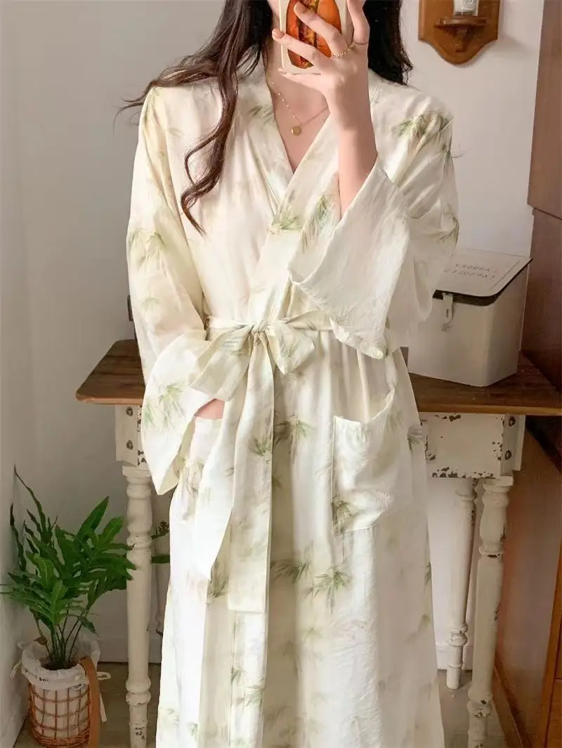 

Весенне-летняя длинная ночная рубашка с принтом, женский халат, японское кимоно в корейском стиле, домашняя одежда, женские ночные рубашки для женщин
