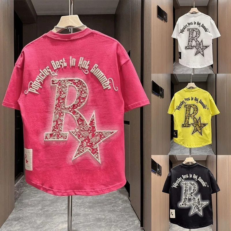 

Summer Pure Cotton Breathable Short-sleeved T-shirt for Men with Letter Prints Trendy Fashion Round Neck Versatile T-shirt Top