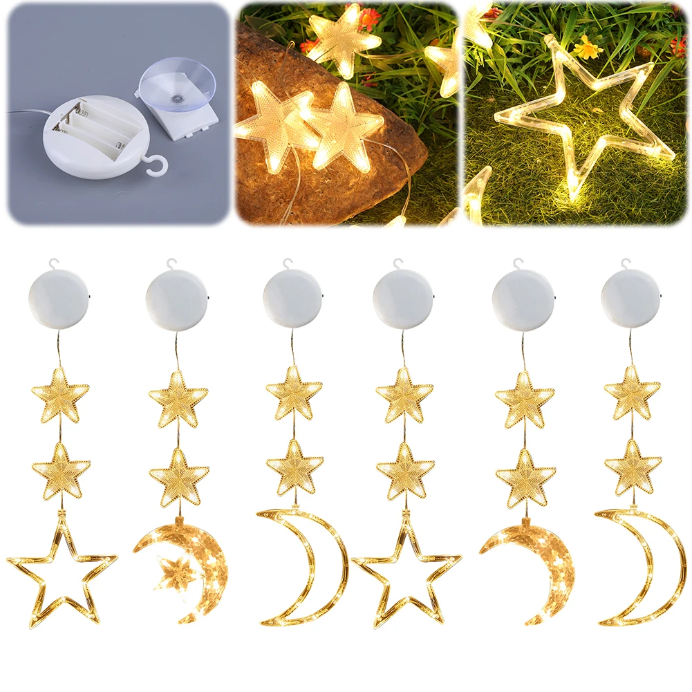 Luz LED colgante de ventana con forma de estrella y Luna, 3 uds., con ventosa, colgante decorativo, telón de fondo, cadena de luces para decoración de Año Nuevo