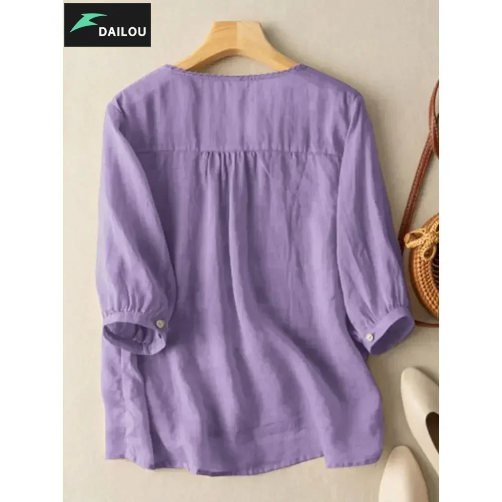 DAILOU Floral Embroidery Shirts Summer Lace Crochet Blouse Women 3/4 O Neck Sleeve Tops Femme Tunic Causal Cotton