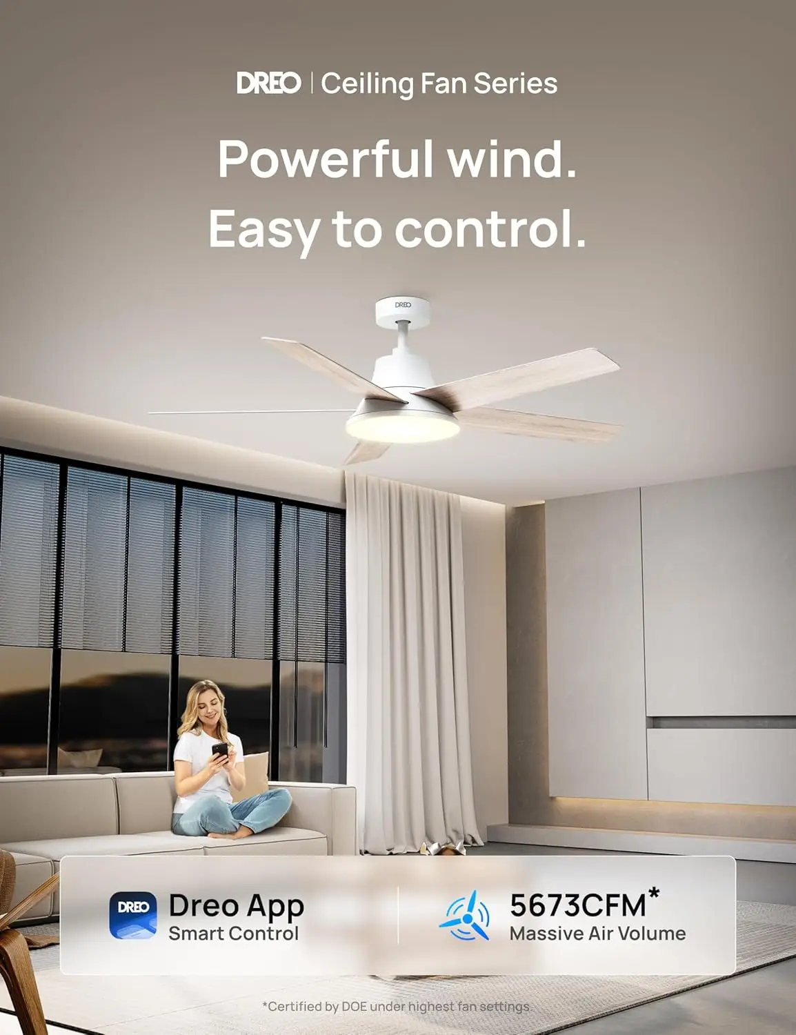 Stepless Color Tones, Dimmable LED Light, 12H Timer, Quiet DC Motor, Remote/APP/Alexa Control, White Ceiling Fans Indoor