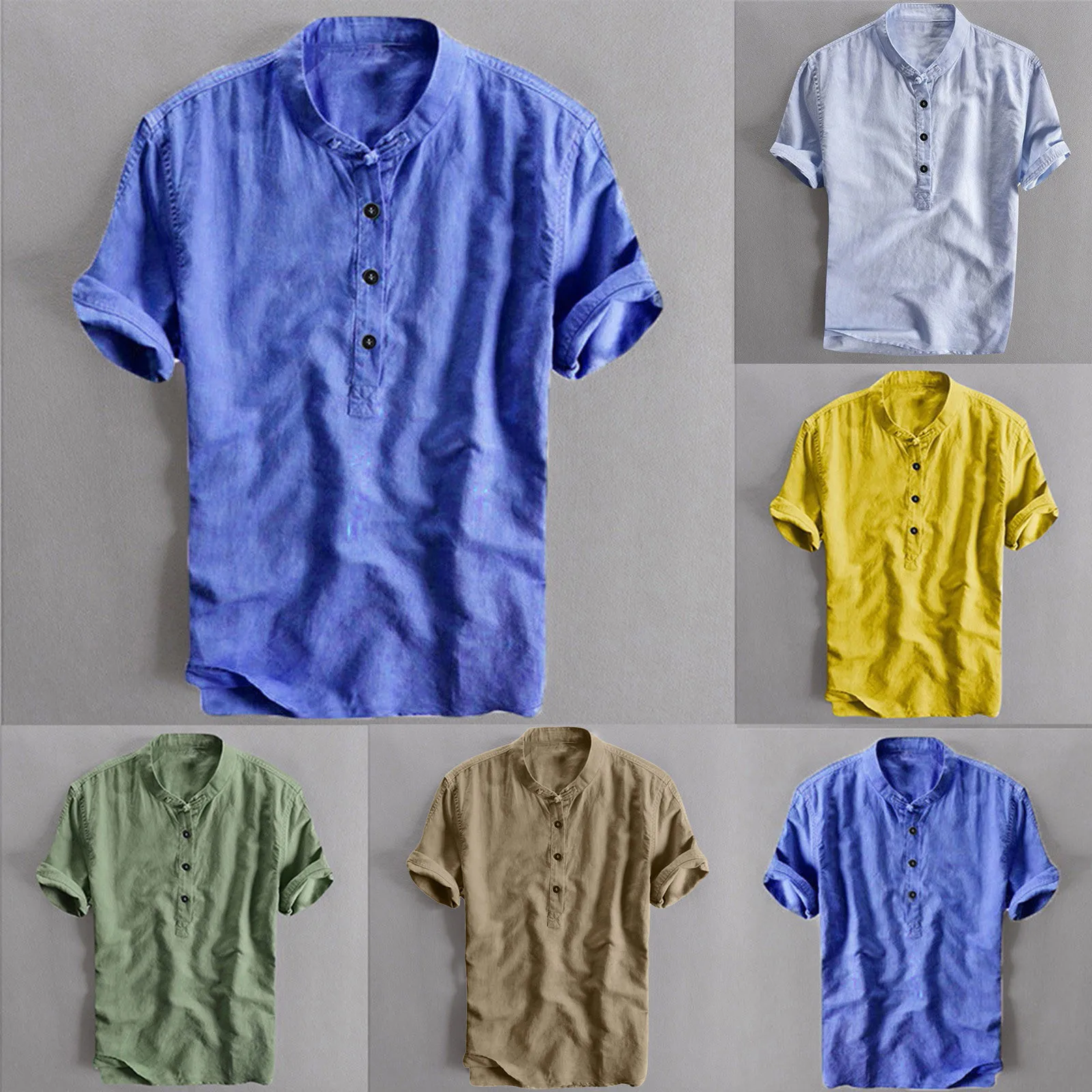 Casual Shirts Cotton Linen Breathable Shirts for Men Lightweight Short Sleeve Standing Collar Solid Color Loose Men's Blouses