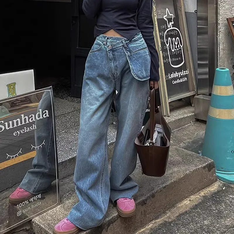 Retro Chic High Waist Straight Leg Jeans Women's Long Pants Autumn Winter Large ket Asymmetrical Button Design Faionable