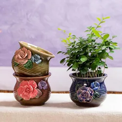 Ceramic Succulent Plant Pot Large Caliber Flowerpot Exquisite Relief Flower Pattern Vase Desktop Ornaments Home Garden Decor