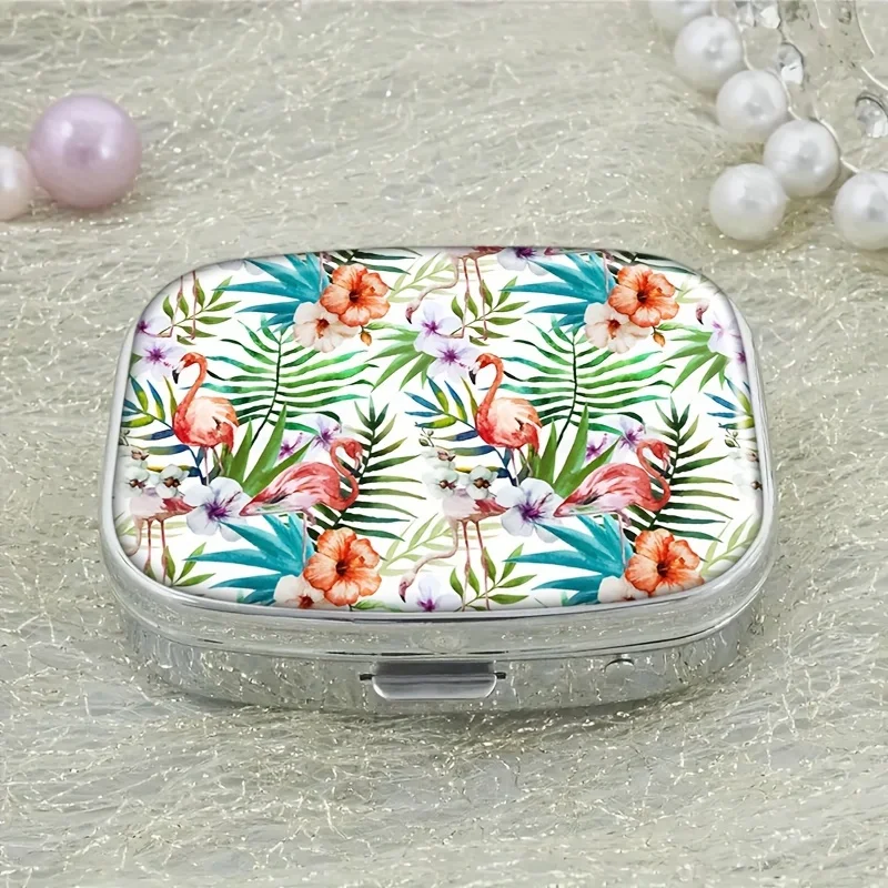 Floral Flamingo 2-Compartments Pill Case - Compact Drug Storage Box, for Wallets, Travel Friendly Vitamin Box