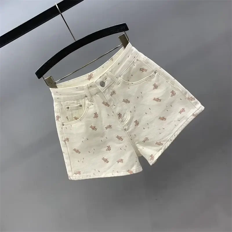 Fashion print denim shorts women's 2024 summer new slim loose high waist fashion temperament casual A-wide leg hot pants.