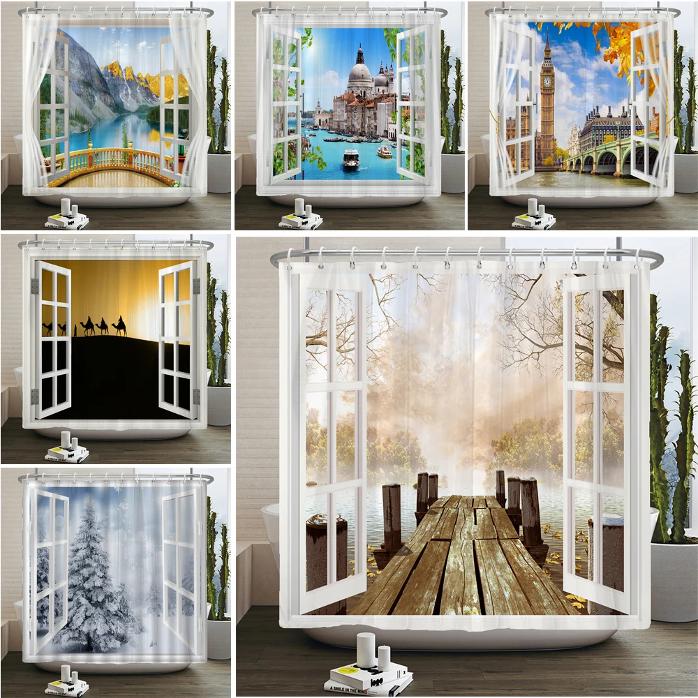 

3D Print Forest Landscape Bath Curtain Window View Curtain Polyester Fabric Natural Scenery Shower Curtains for Bathroom Decor