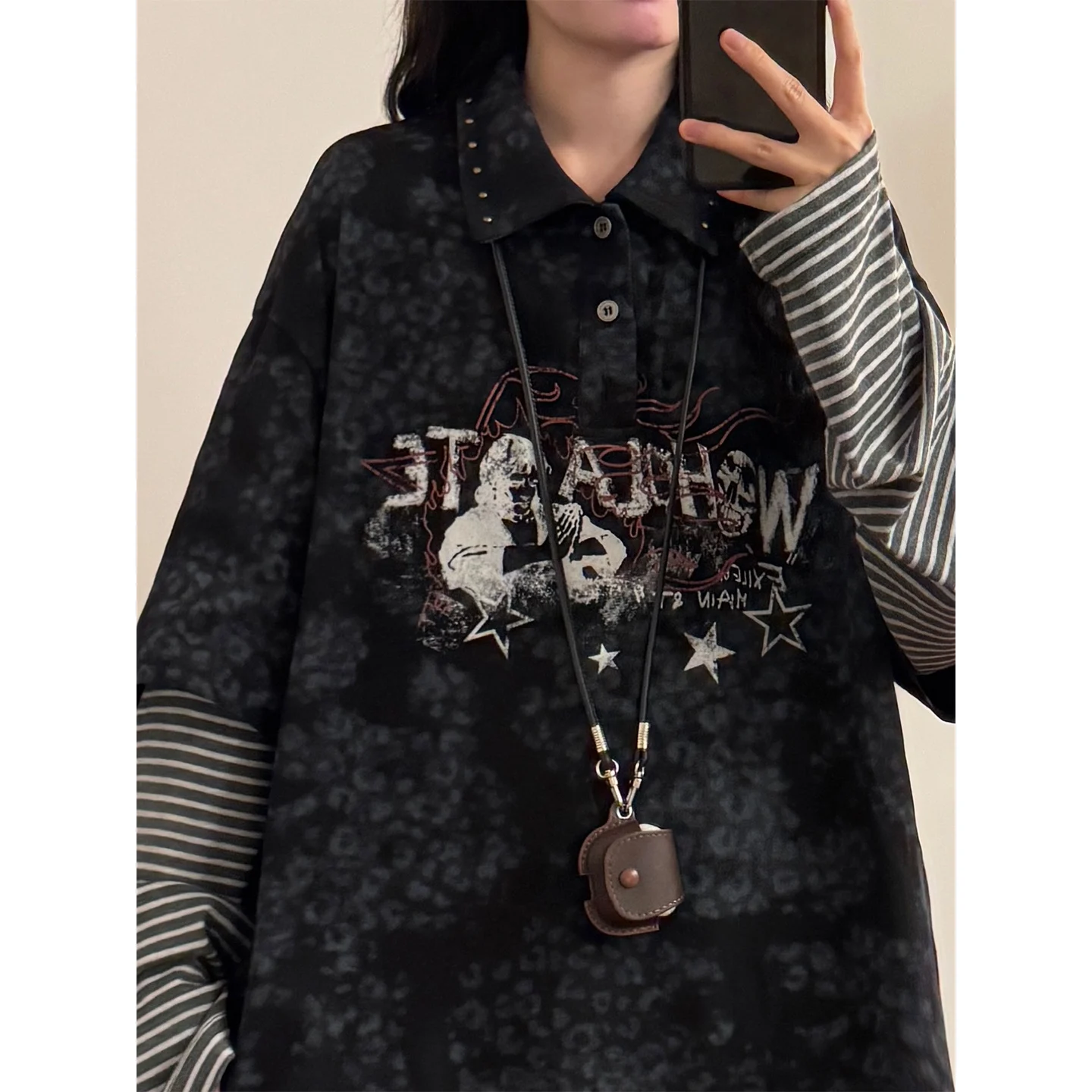 Casual Tie-Dye Patchwork Stripe  Neck Sweatshirt Autumn 2026 Light Weight UATONLINE2026 Creative Pattern Long Sleeve Ladi...