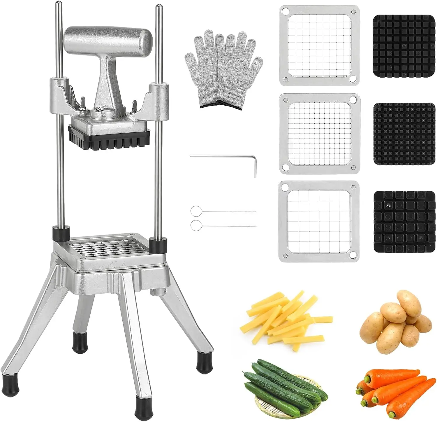 

Stainless Steel Vegetable Chopper & French Fry Cutter with 3 Blade Sizes - Perfect for Kitchen and Restaurant Use