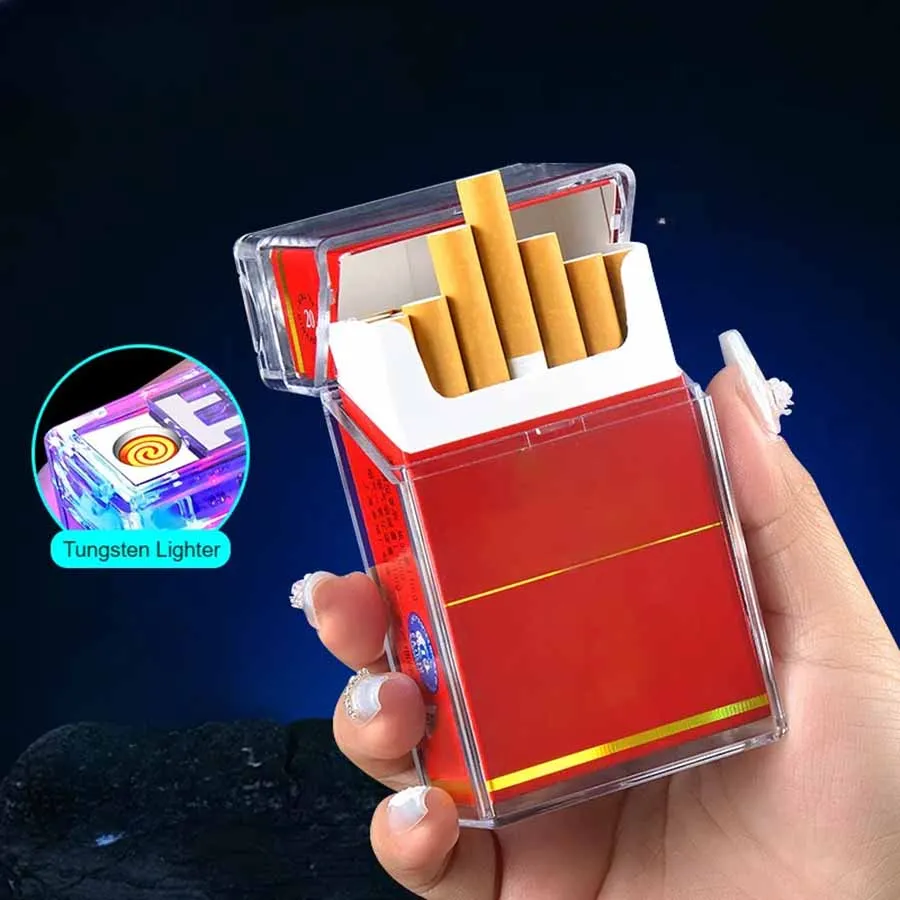 Cigarette Storage Box with Cigarette Lighter LED USB Rechargeable Lighter 20 Cigarette Box Sealed Moisture-proof Storage Box 1PC